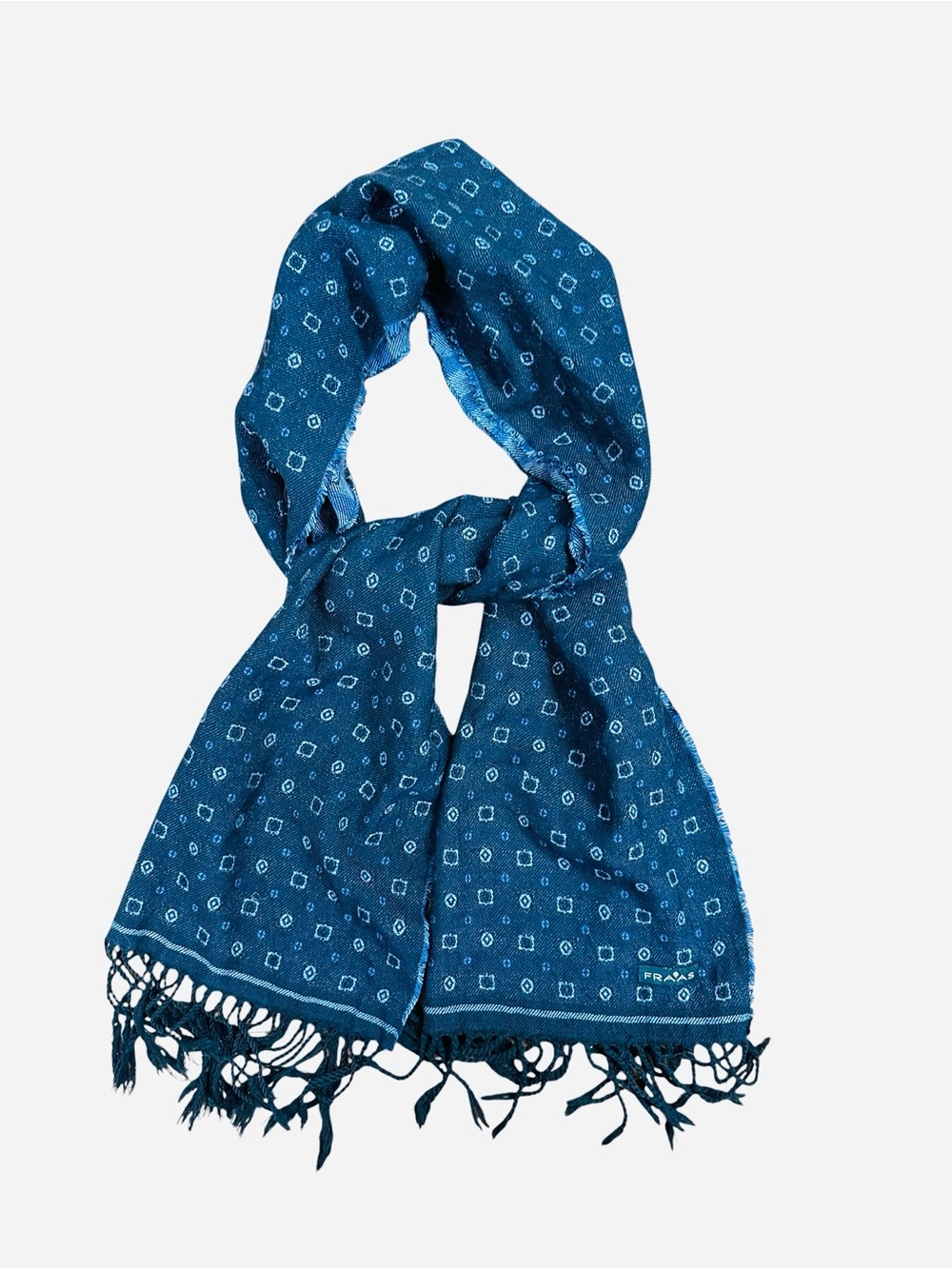 FRAAS blue white wool silk scarf with geometric pattern and fringe warm cozy